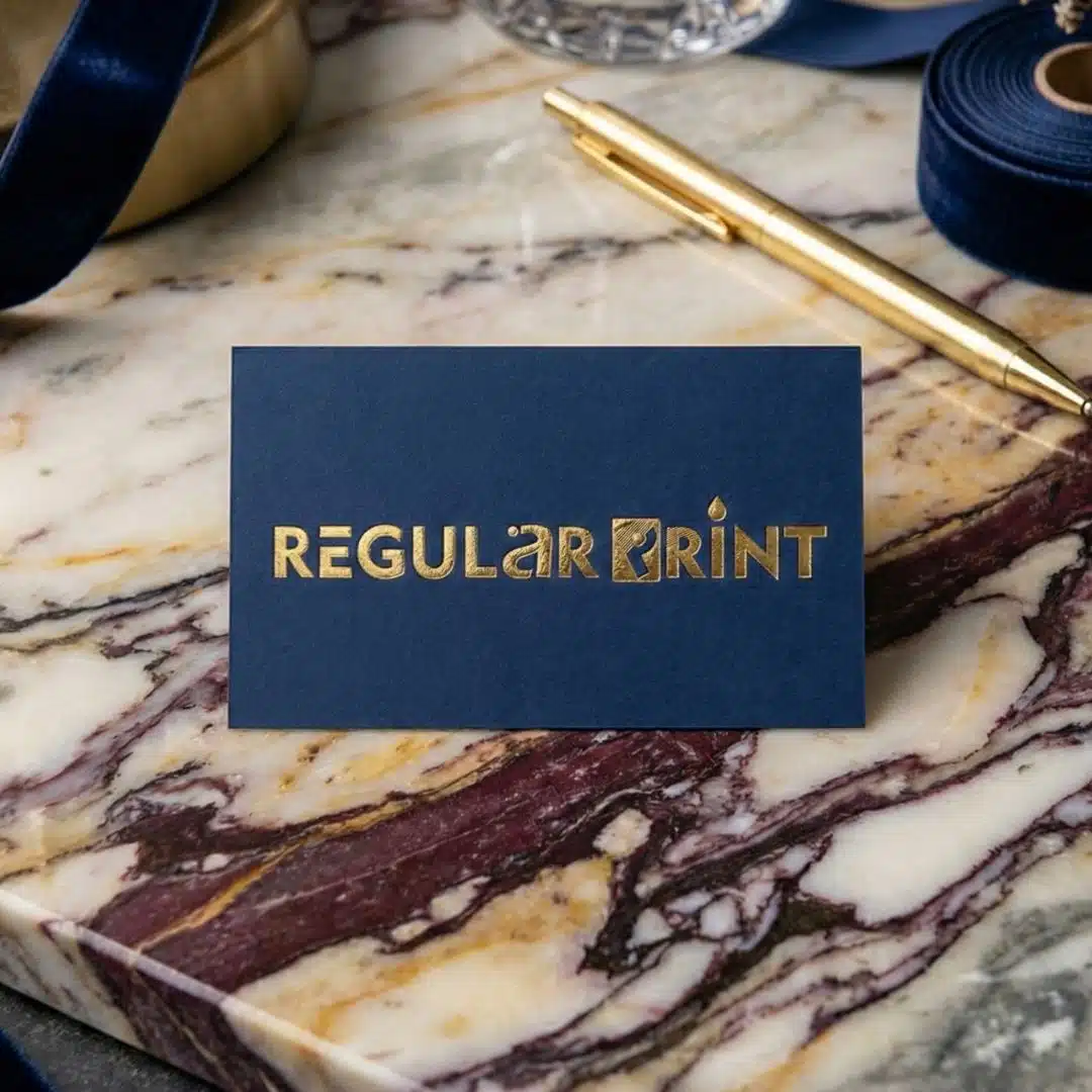 Premium navy blue business cards with gold foil branding - Regular Print Canada