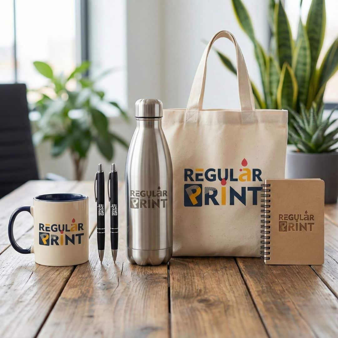 Branded promotional products including custom mugs, water bottles, and canvas tote bags