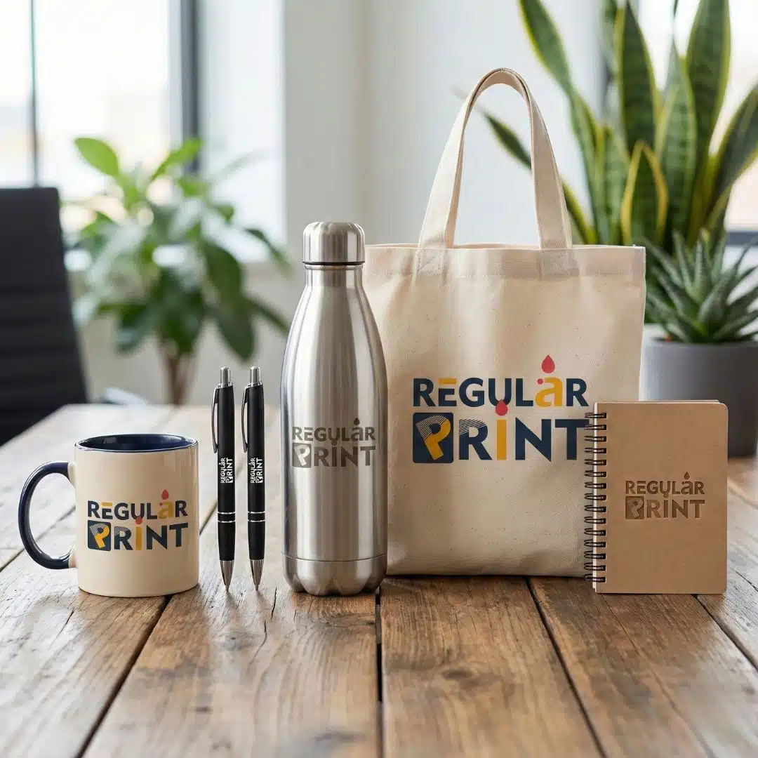Branded promotional products including custom mugs, water bottles, and canvas tote bags
