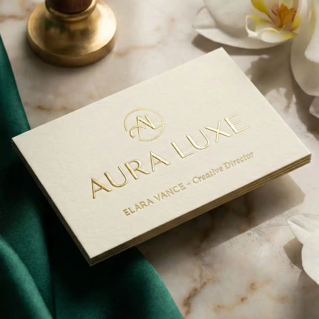 Luxury cream-colored business cards with high-end embossed gold foil lettering
